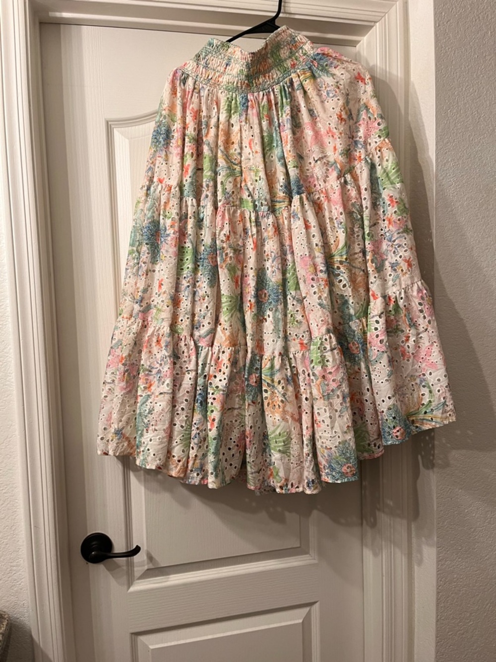 IVY CITY CO. Tiered Eyelet Midi Skirt in Pastel Floral